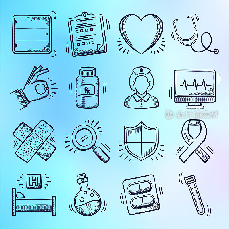 Research, Education & Care Doodle Style Vector Icon Set